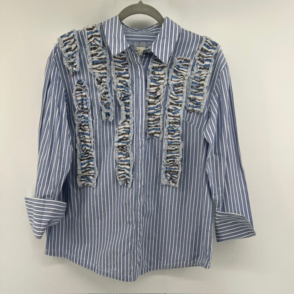 Maeve Anthropologie Ruffle Front Button Up Shirt Womens XS Blue Striped Cotton